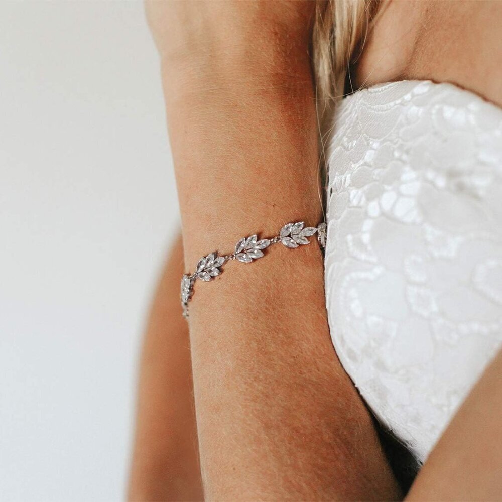 Wedding Bridal Bracelet Crystal Cubic Zirconia Leaf Vine Jewelry For Women View 3